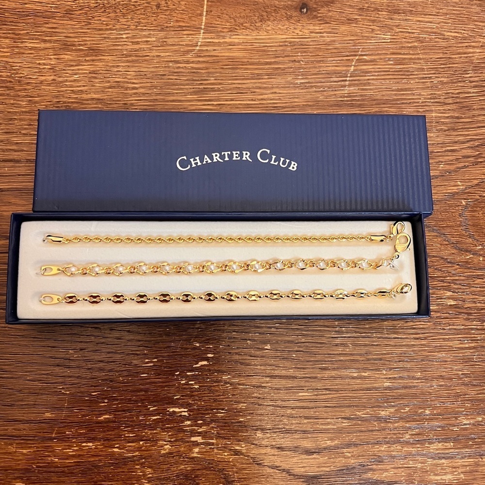 Charter Club 3-Piece Gold Tone Bracelet Set | NIB | Pearl & Chain Styles